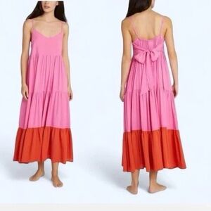 Kate Spade Maxi Dress Red Pink Tiered Colorblock Ribbon Tie Back Size Large